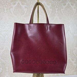 Mondani NY Dark Red Double Handle Tote Bag Stachel Faux Leather Cut Out Detail